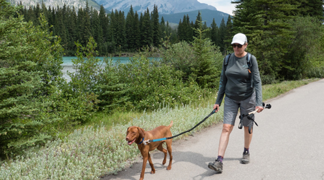Woman Walking Dog in Mountains